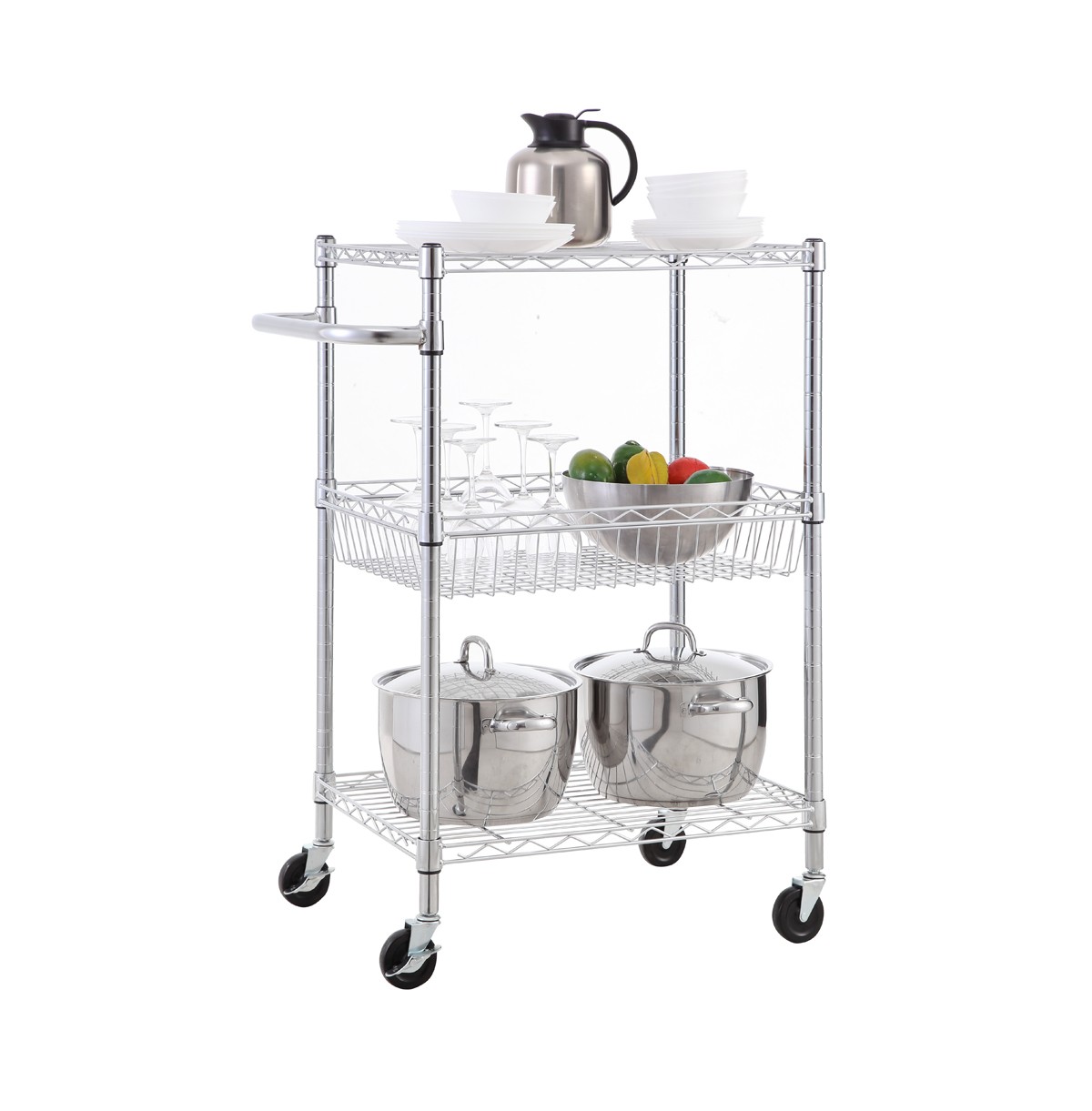 3-Tier Metal Utility Rolling Cart / Wire Rolling Cart with Handle Bar / Kitchen Storage Microwave Rack Cart  With Wheels & Adjustable Shelves