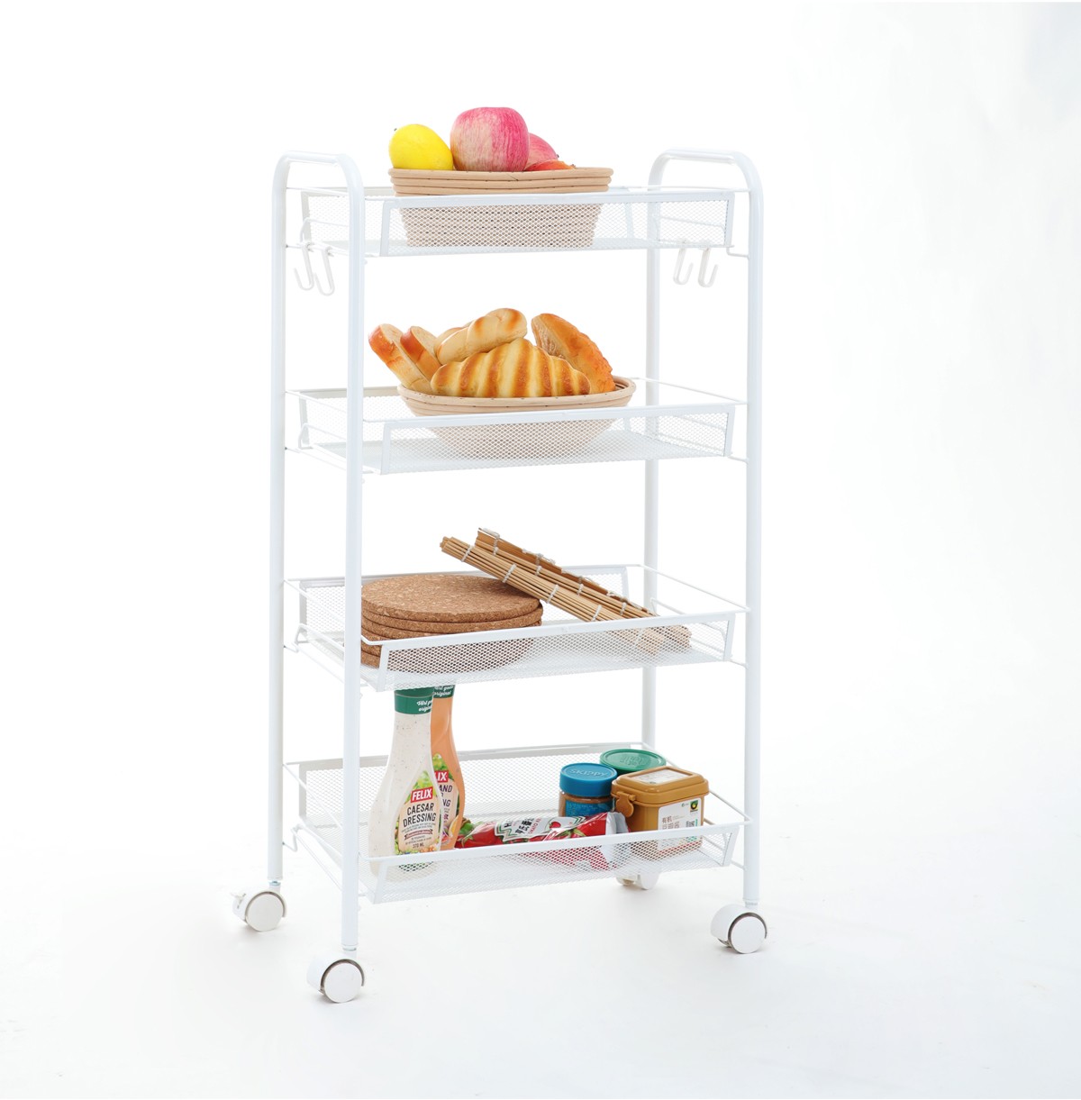 4-Tier Metal Utility Rolling Cart / Mesh Wire Storage Trolley / Slide Out Storage Shelving Units for
