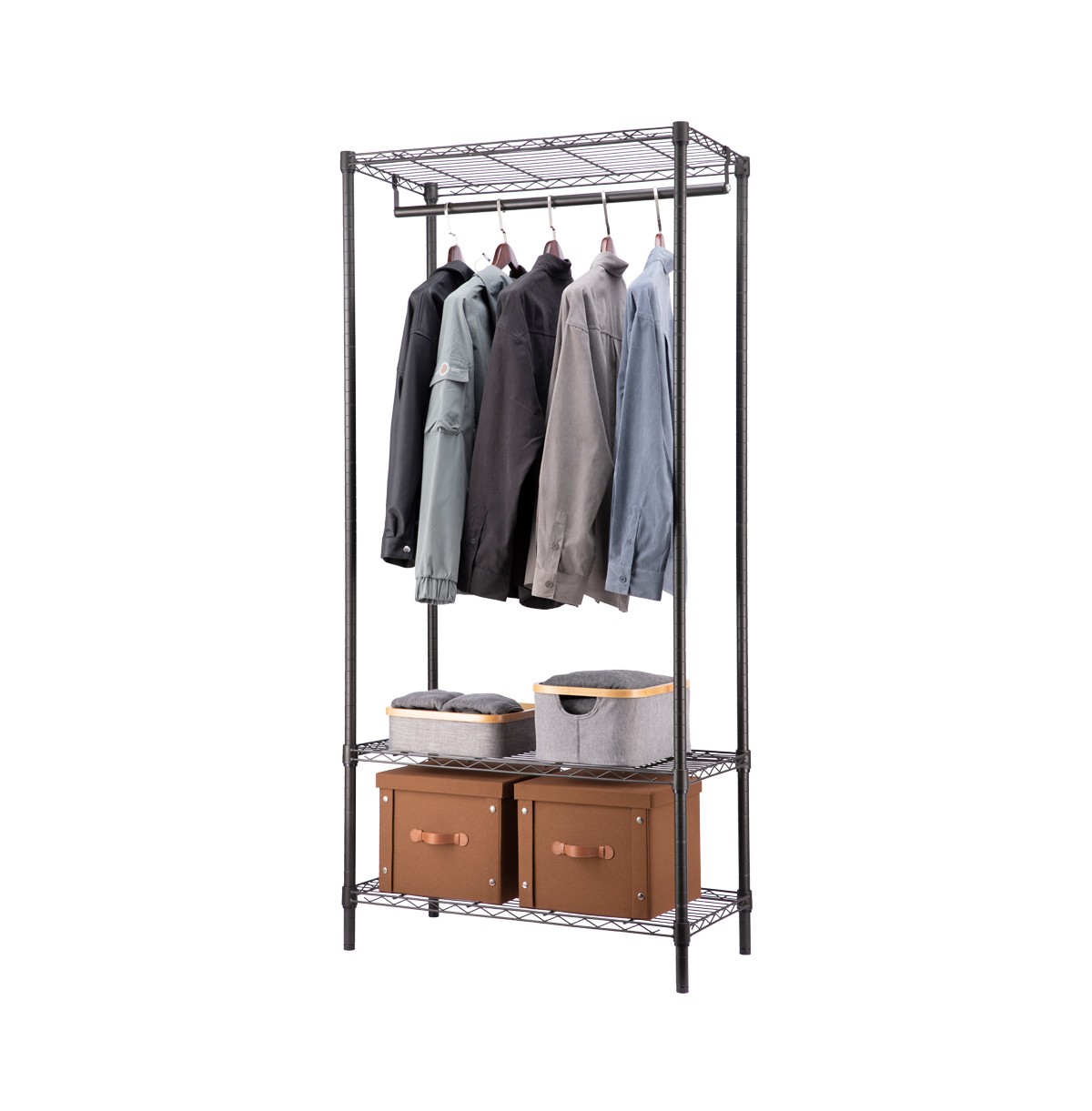 3-Tier Wire Closet Shelf Organizer With Hanging Rod / Freestanding Open Wardrobe Organizer / 5 ft Wi