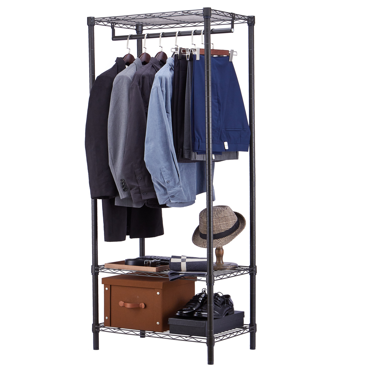  3 Tier Wire Closet Shelf Organizer With Hanging Rod / Freestanding Open Wardrobe Organizer