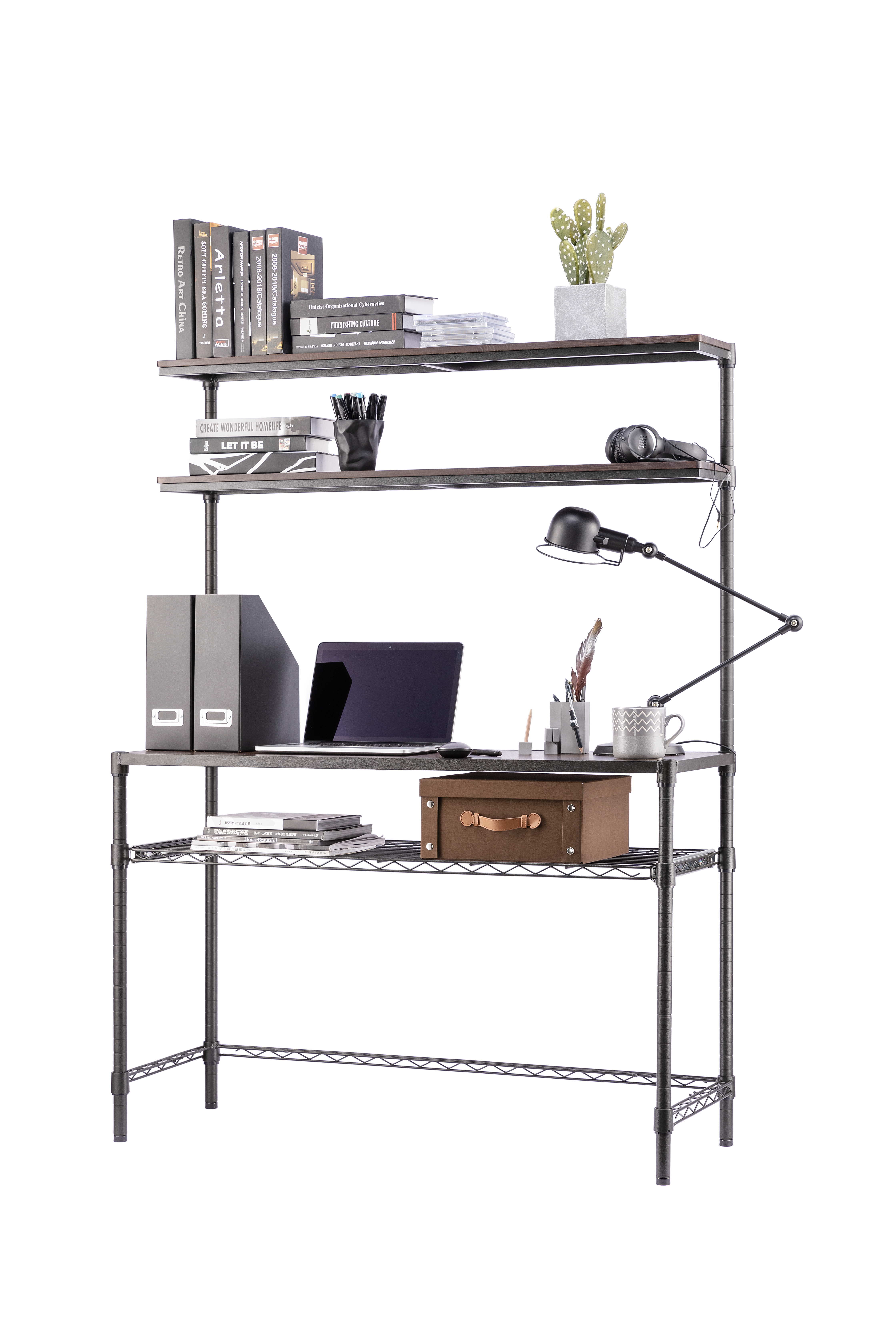 4-Tier Workstation Computer Desk With Wire Storage Shelves / Home Office PC Laptop Table Study Desk 