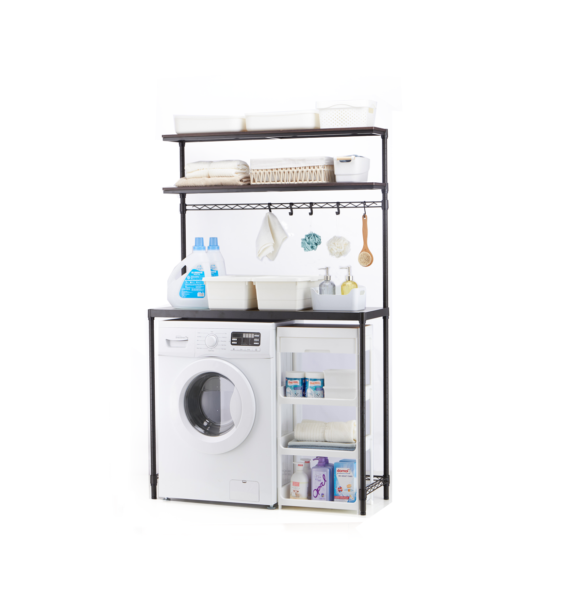 3-Tier Washing Machine Storage Rack with Hanging Rod and Hooks / Laundry Room Shelf Over The Washing