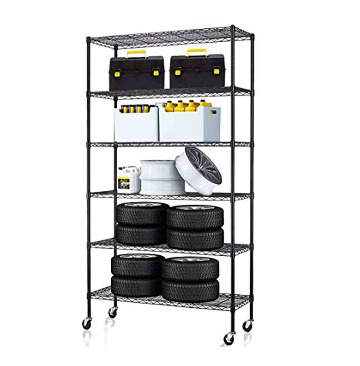 6-Tier Black Wire Shelving Unit / Black Metal Shelf for Industrial Warehouse