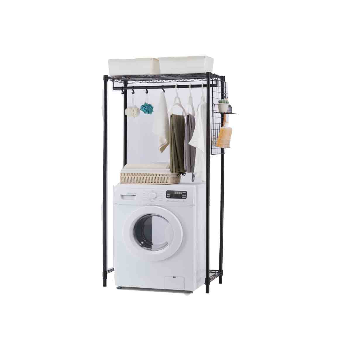 1-Tier Washing Machine Storage Rack with Hanging Rod and Hooks / Laundry Room Shelf Over The Washin