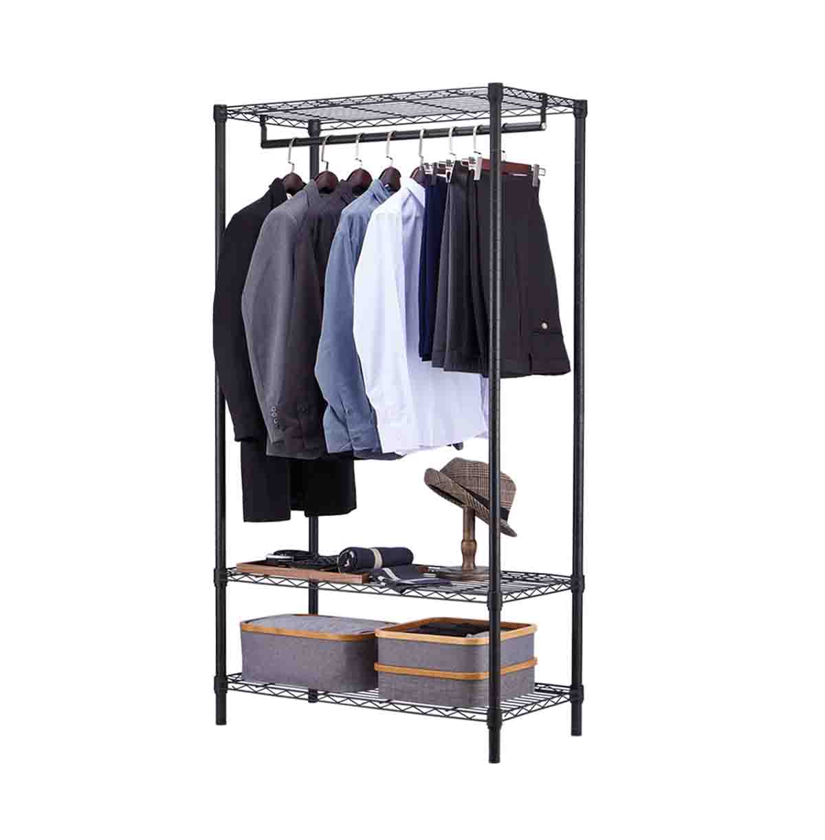 3 Tier Wire Closet Shelf Organizer With Hanging Rod / Freestanding Open Wardrobe Organizer / 36 Inch