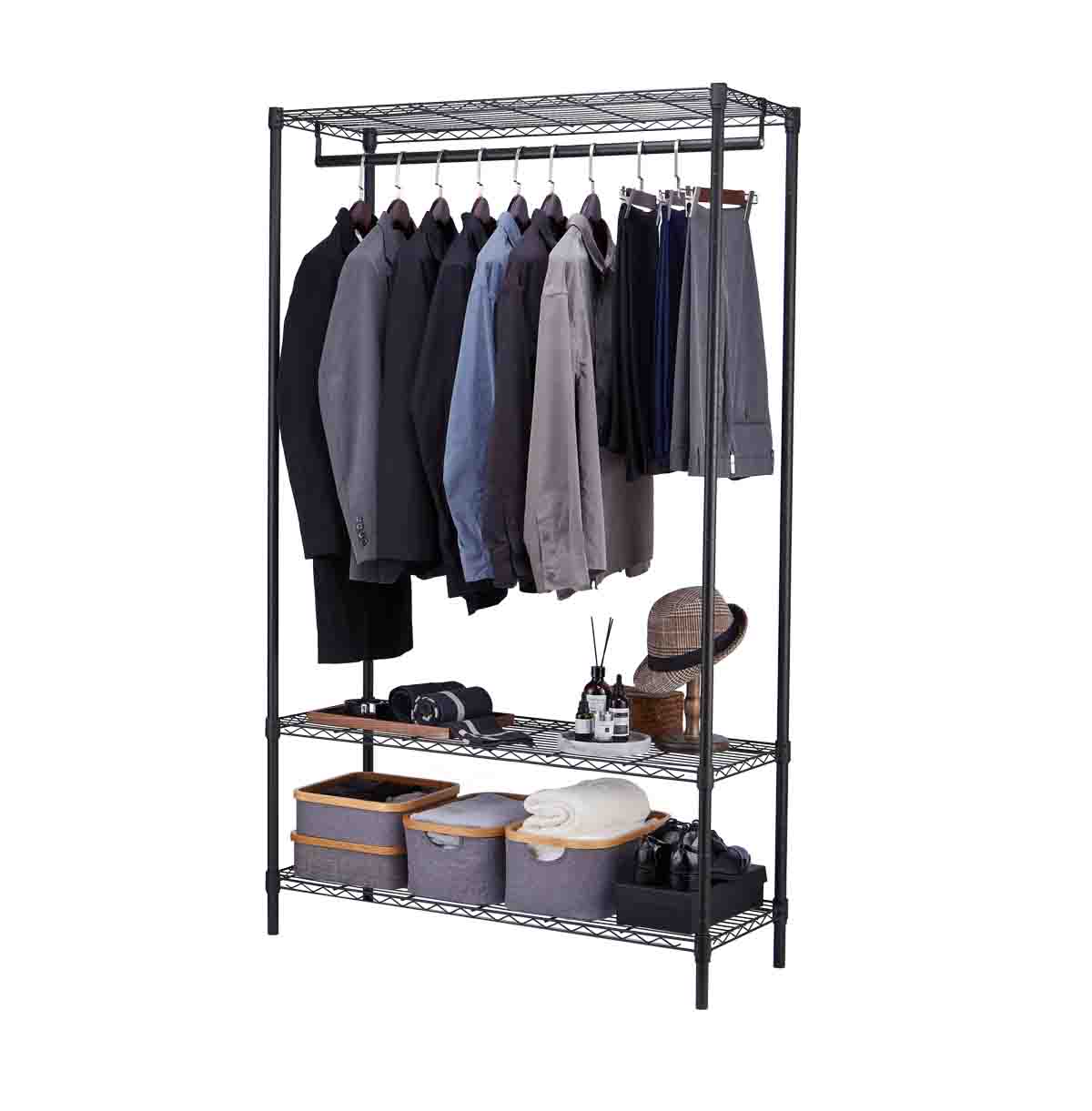 3 Tier Wire Closet Shelf Organizer With Hanging Rod / Freestanding Open Wardrobe Organizer