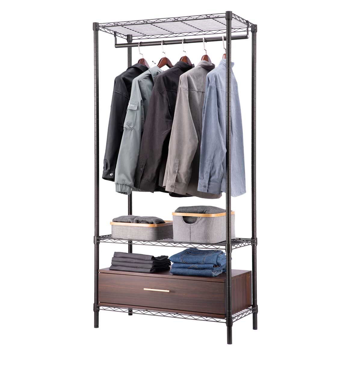 Wire Closet Shelf Organizer With Hanging Rod, Shelf & Wooden Drawer / Freestanding Open Wardrobe Organizer