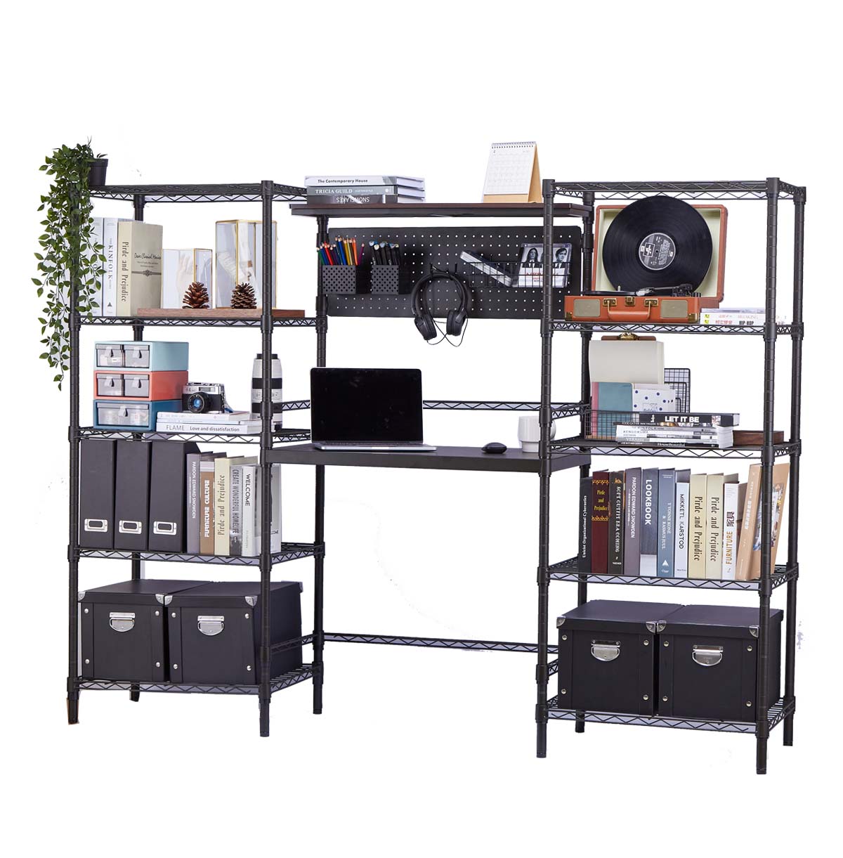 12-Tier Bookshelf / Workstation Computer Desk With Wire Storage Shelves / Home Office PC Laptop Tabl
