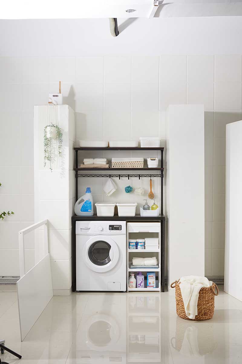 3-Tier Washing Machine Storage Rack with Hanging Rod and Hooks / Laundry Room Shelf Over The Washing Machine 