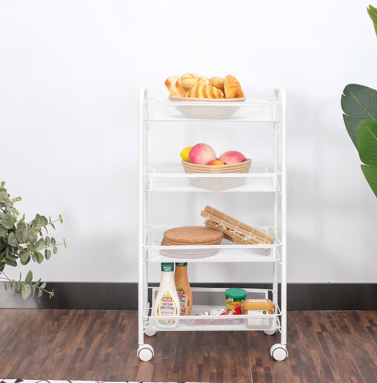 4-Tier Metal Utility Rolling Cart / Mesh Wire Storage Trolley / Slide Out Storage Shelving Units for Kitchen Bathroom Laundry Roomon Wheels with Hooks