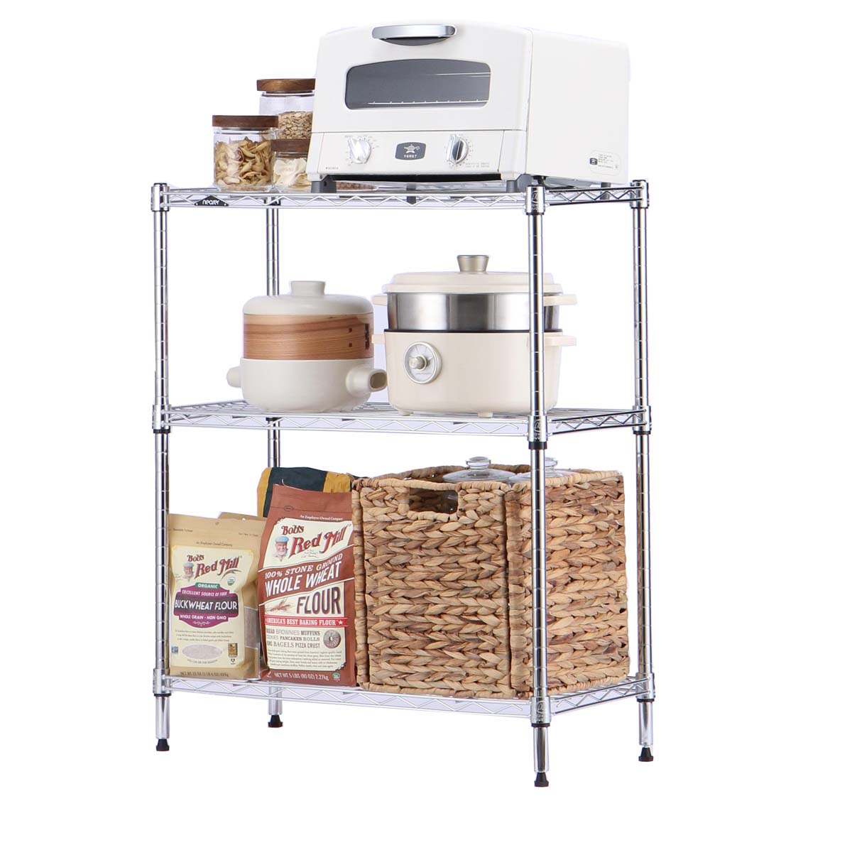 3-Tier Adjustable Microwave Stand With Storage / Steel Organizer Wire Rack Chrome / Wire Shelving Un
