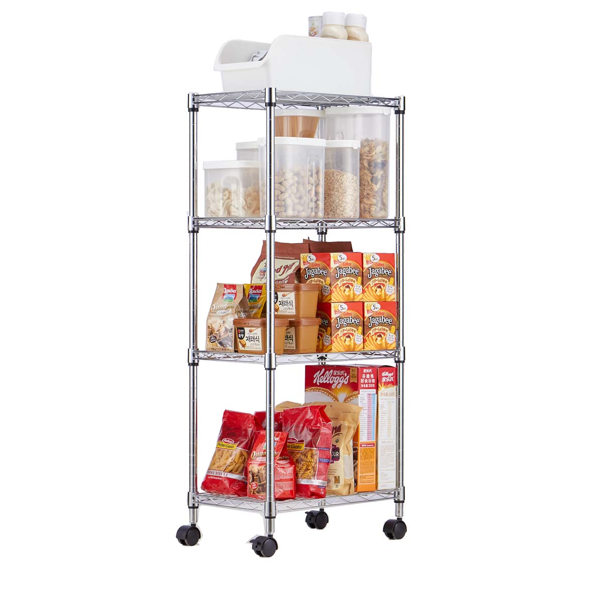 4-Tier Wire Chrome Shelving Unit for kitchen / Wire Shelving Unit With Wheels / Steel Wire Rack Shop