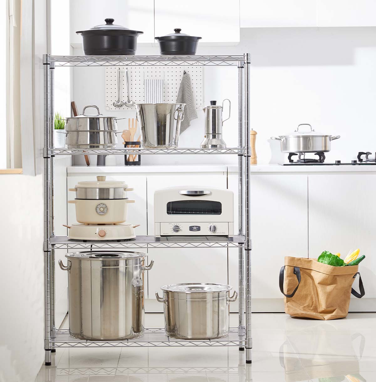 4-Tier Wire Kitchen Shelving Unit / Wire Storage Racks For Pantry