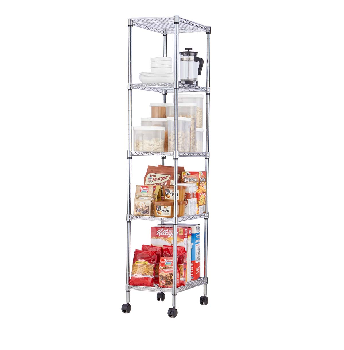 5-Tier Chrome Metal Wire Shelving for kitchen / Wire Storage Racks With Wheel For Pantry