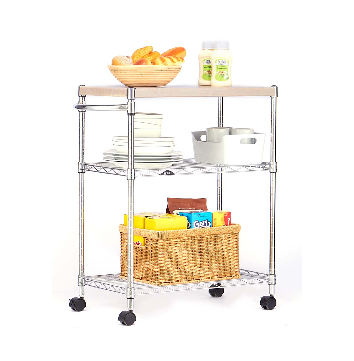 3-Tier Metal Utility Rolling Cart With Wood Top / Kitchen Storage Microwave Rack Cart  With Wheels &