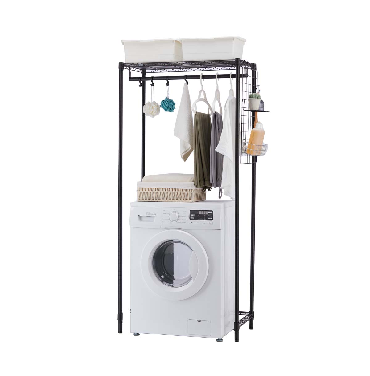 1-Tier Washing Machine Storage Rack with Hanging Rod and basket