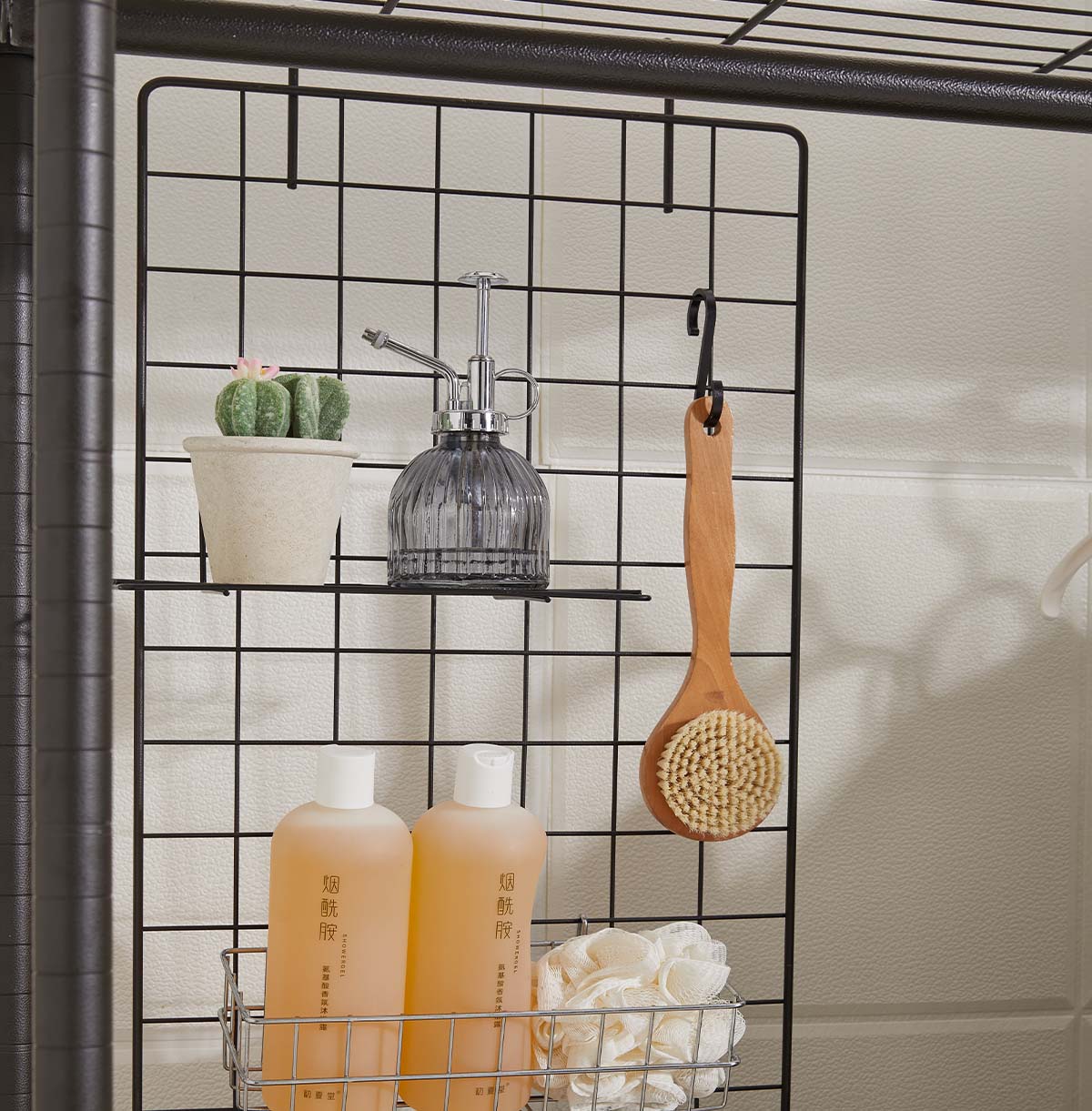 1-Tier Washing Machine Rack with Hanging Rod Hooks and Basket