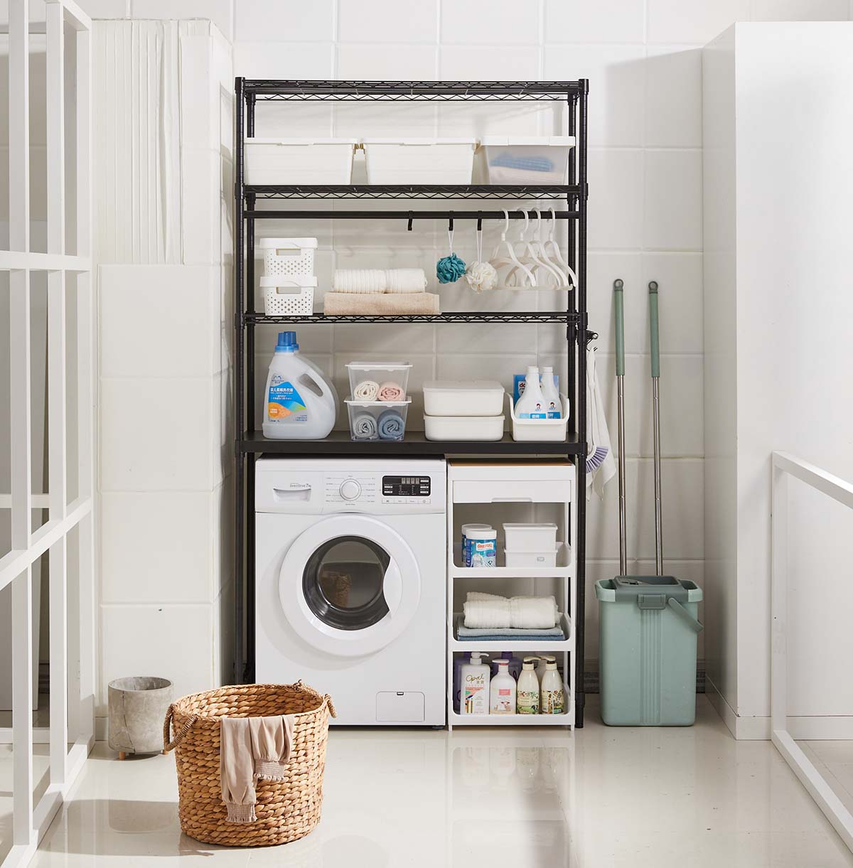 4-Tier Washing Machine Storage Rack with Hanging Rods and Hooks