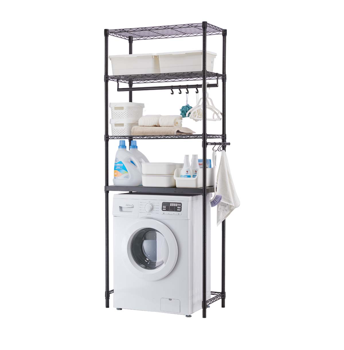 4-Tier Washing Machine Storage Rack with Hanging Rods and Hooks