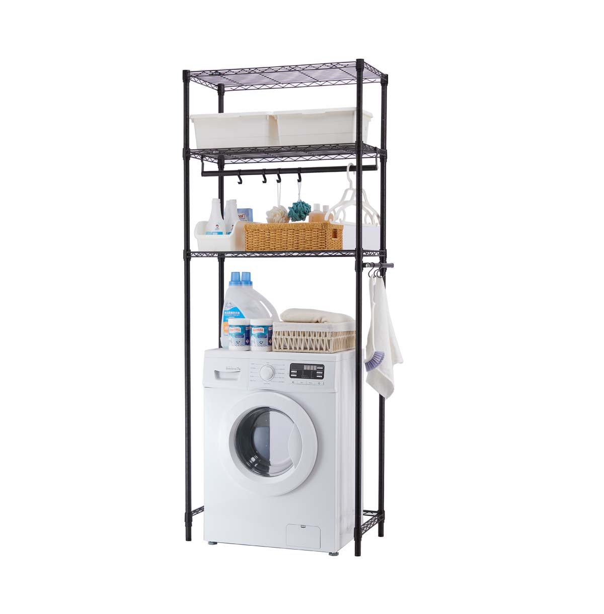 3-Tier Washing Machine Storage Rack with Hanging Rod and Hooks