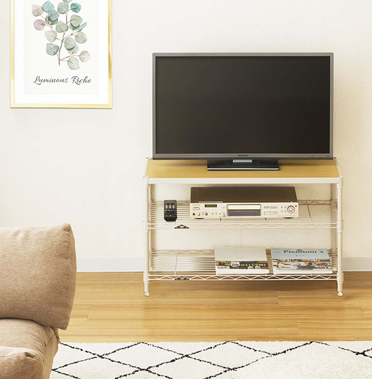 Mini TV Stand with Wood Top TV Console Table With Open Storage Shelves on Wheels 8055-3M