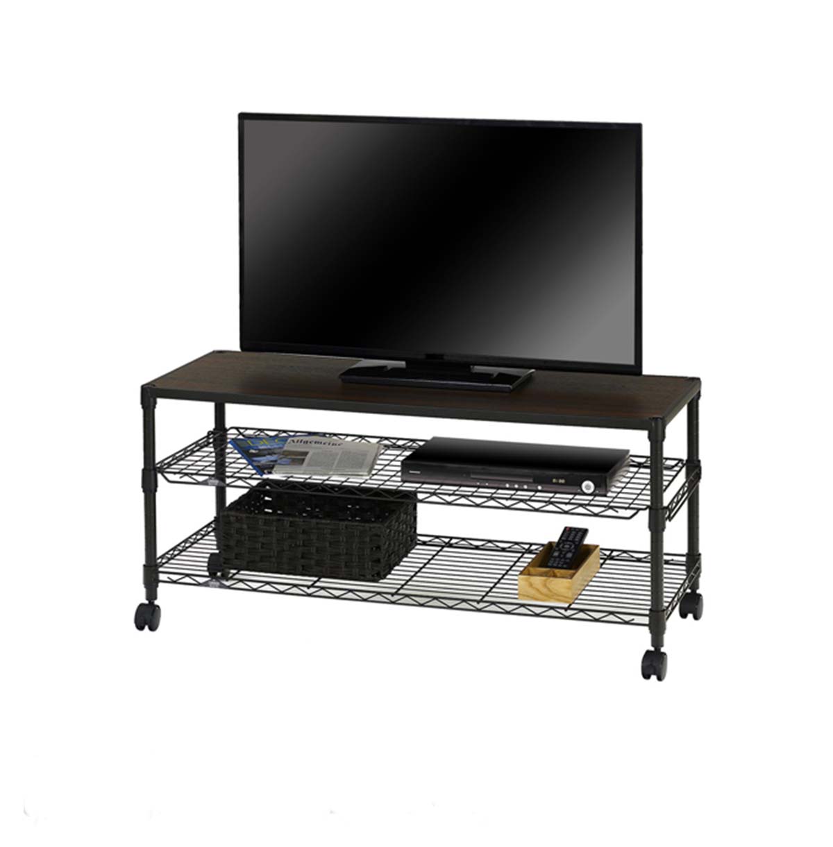 3-Tier TV Stand with Wood Top TV Console Table With Open Storage Shelves on Wheels For Living Room  
