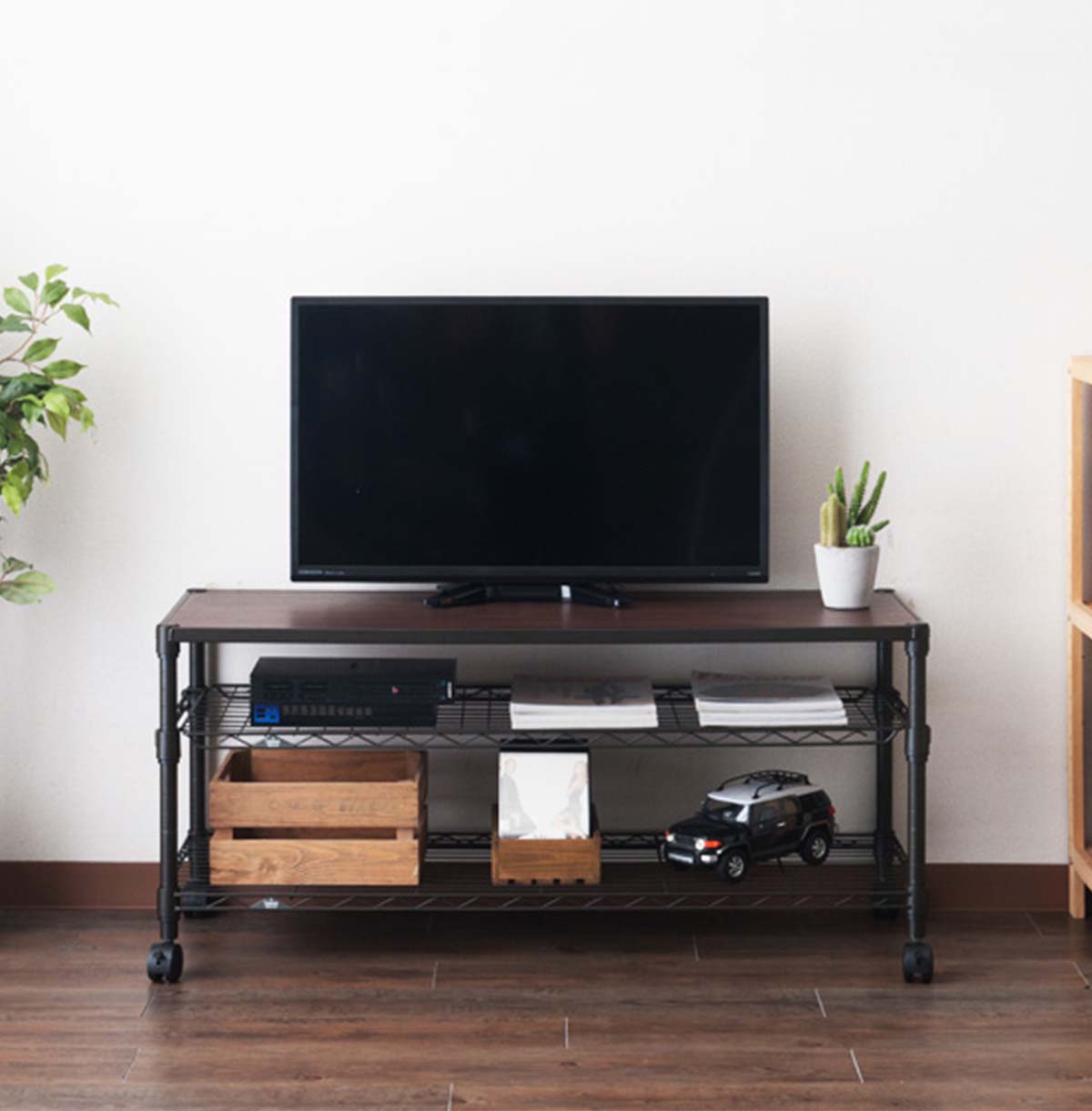 3-Tier TV Stand with Wood Top TV Console Table With Open Storage Shelves on Wheels For Living Room  Bedroom 40-110