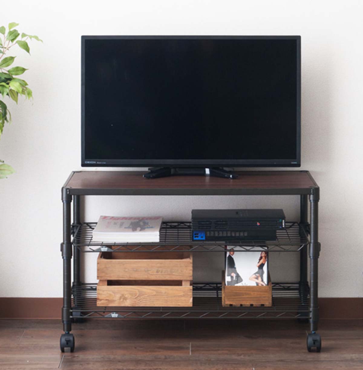 3-Tier TV Stand with Wood Top / TV Console Table With Open Storage Shelves on Wheels For Living Room  Bedroom 40-80