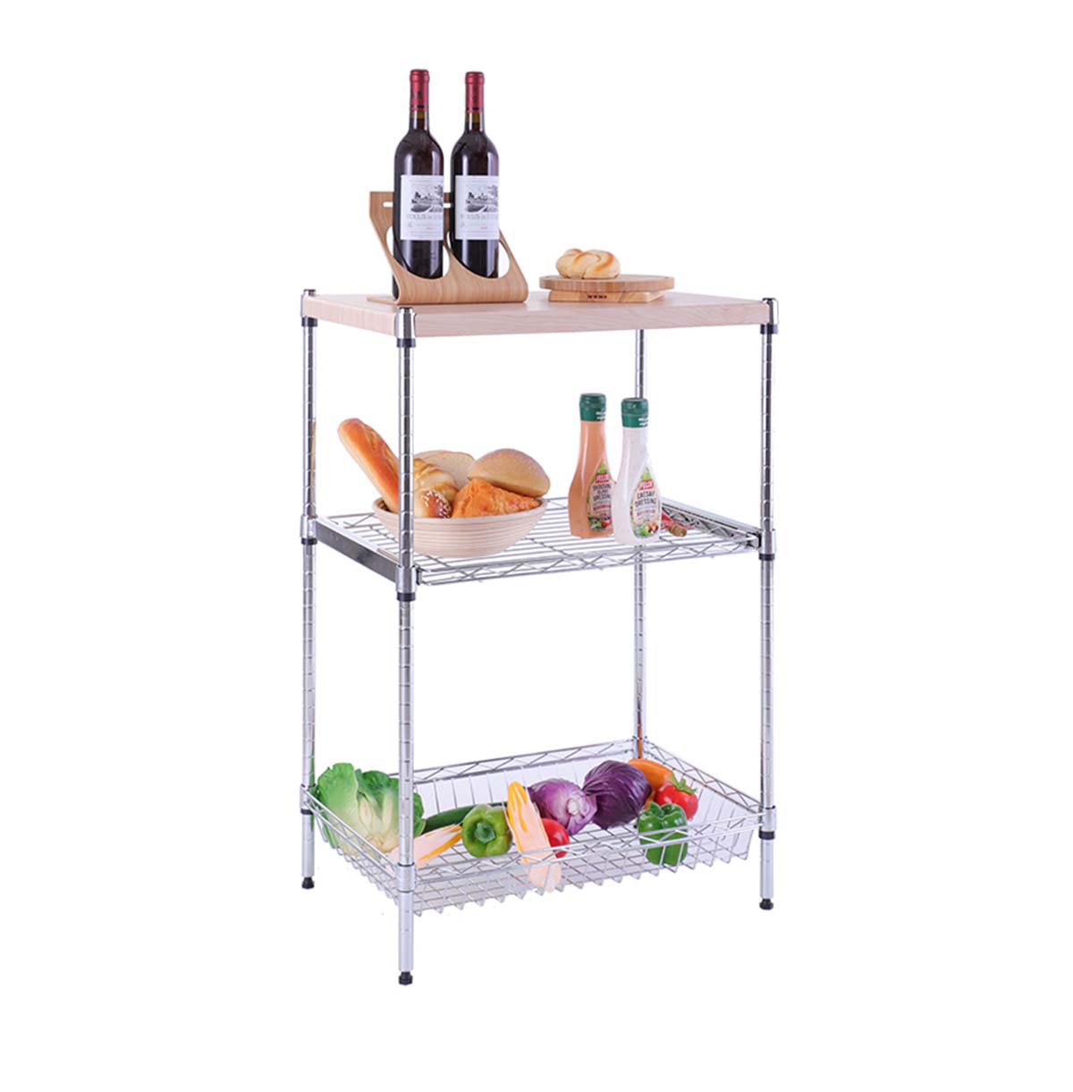 3-Tier Utility Rolling Cart with Wood Top
