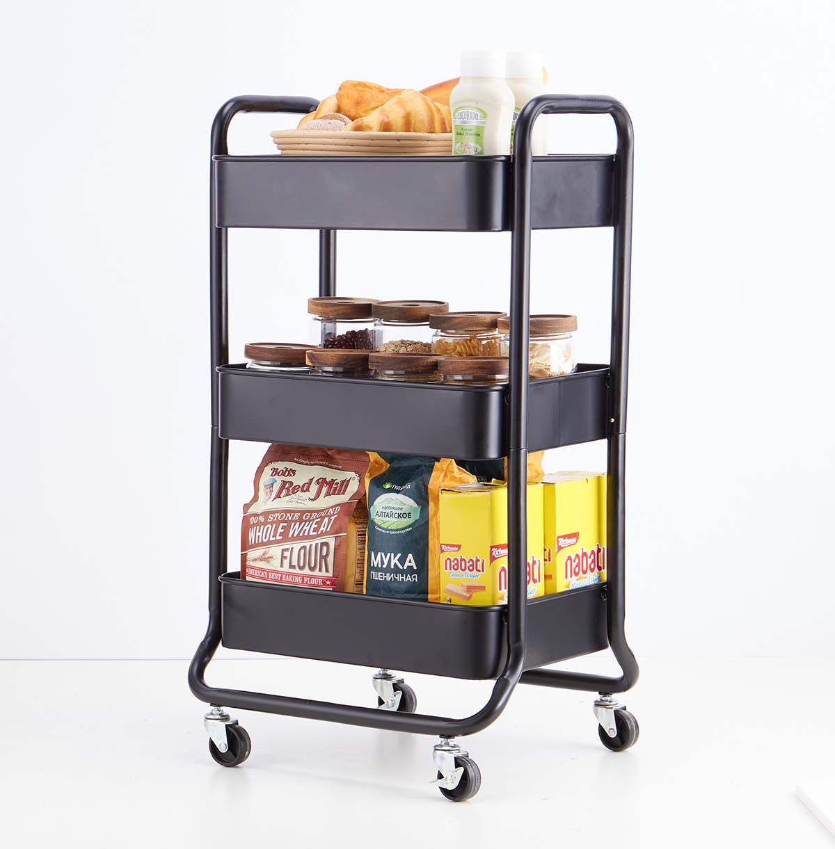3-Tier Metal Utility Rolling Cart With Wood Top  Kitchen Storage Microwave Rack Cart With Wheels &am