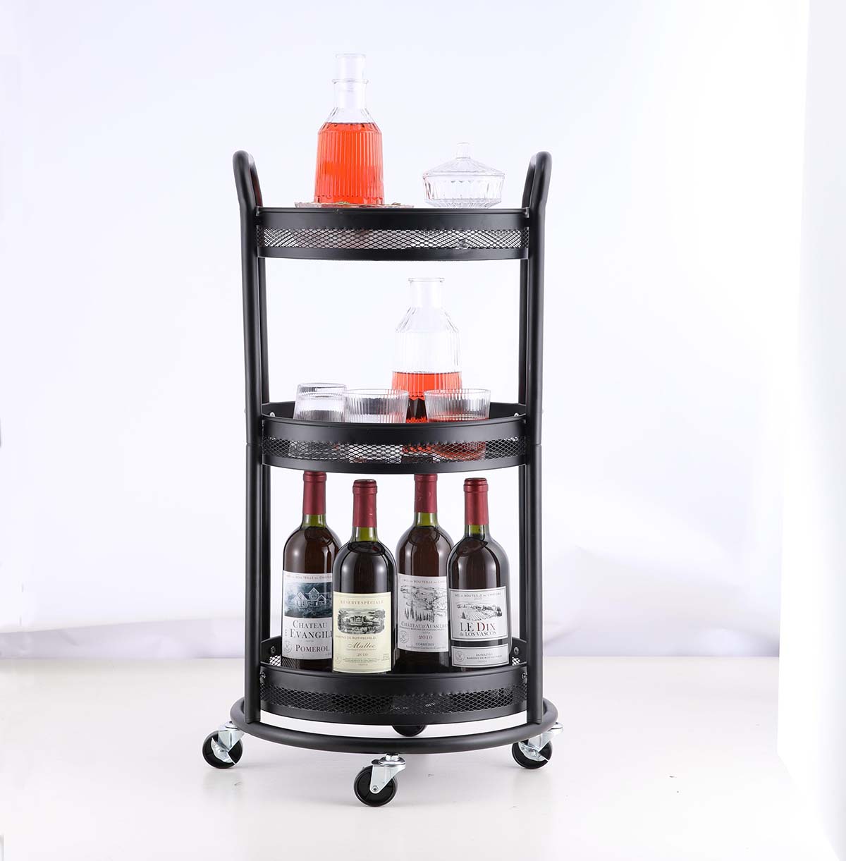 3-Tier Metal Utility Rolling Cart in Round Shape / Black Rolling Cart