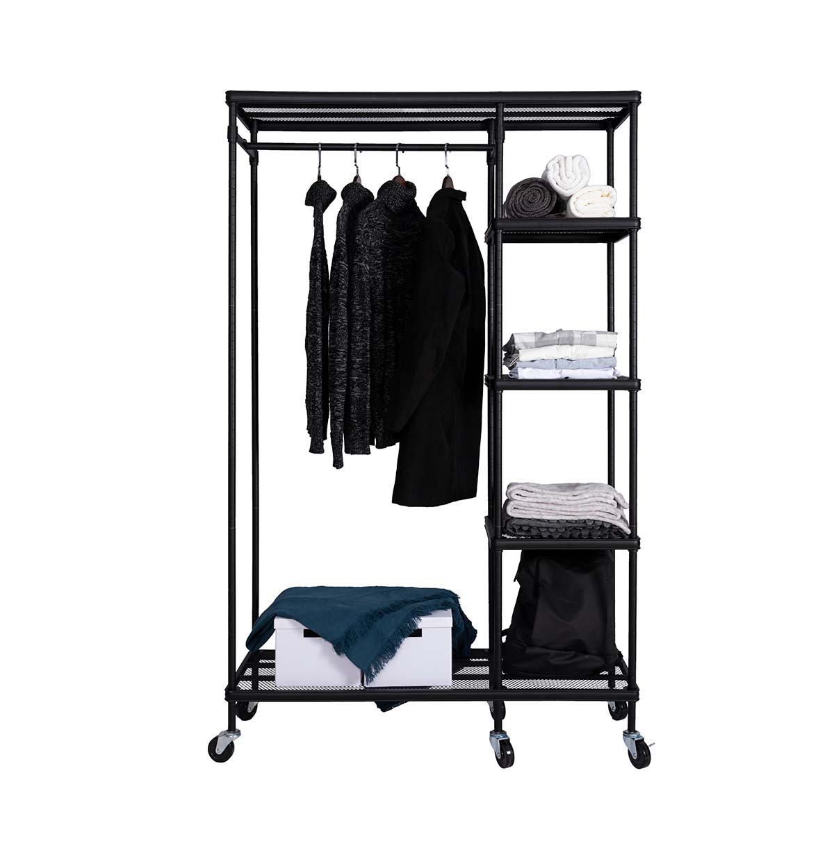 5-Tier Wire Closet Shelf Organizer With Hanging Rod  Freestanding Open Wardrobe Organizer