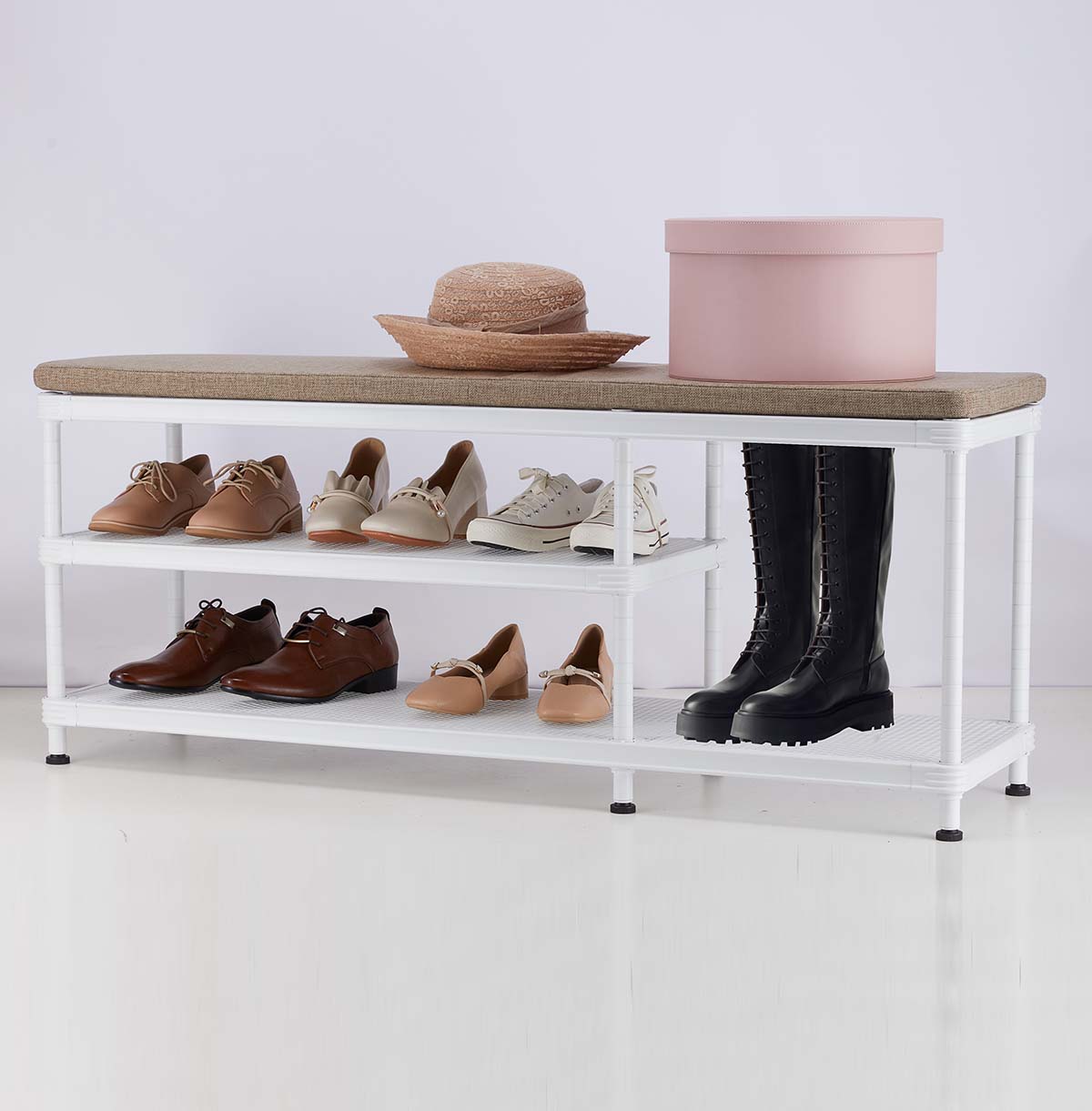 Shoe Rack, Storage Entry Bench with Mesh Shelves