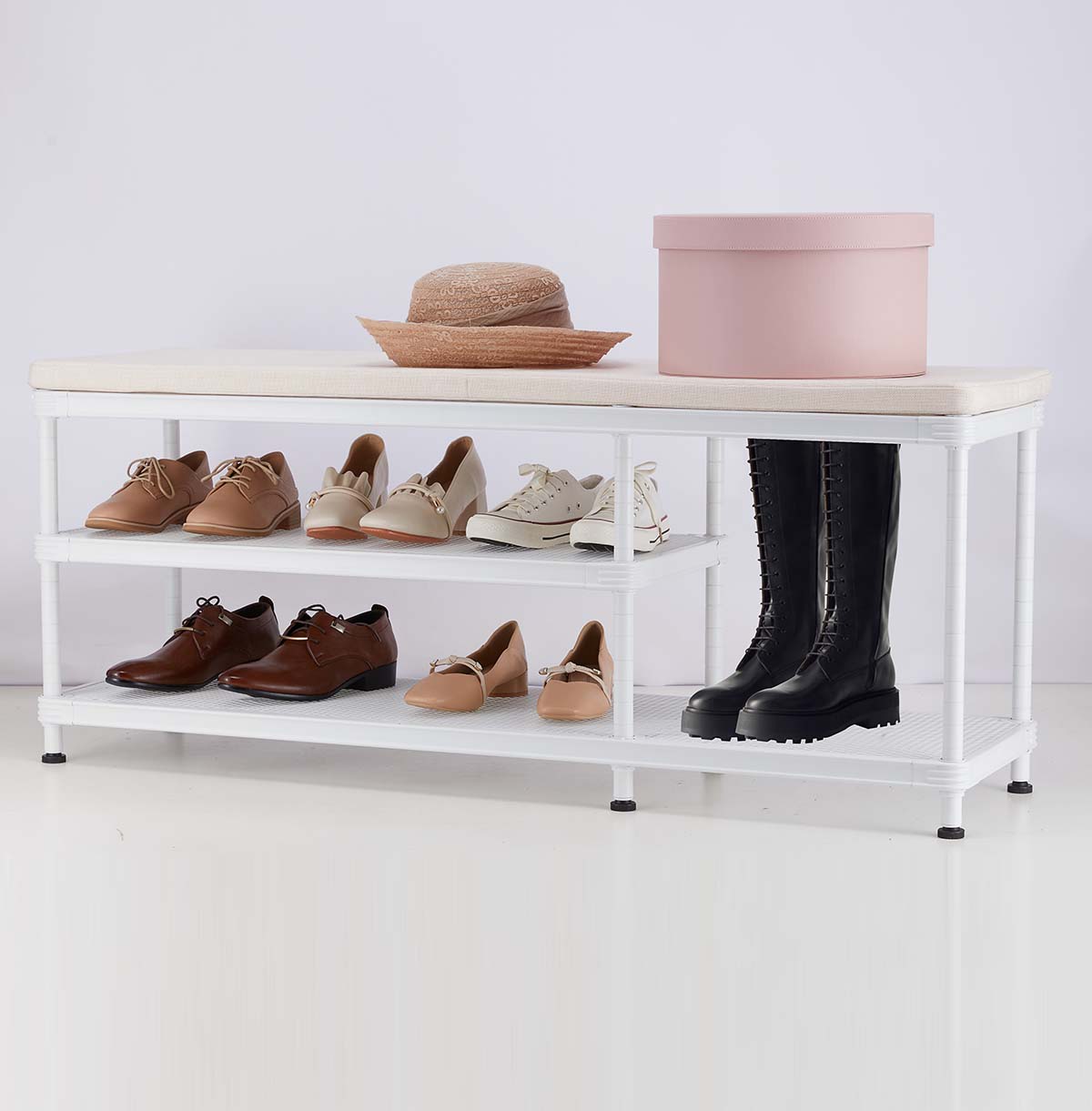 Shoe Rack, Storage Entry Bench with Mesh Shelves