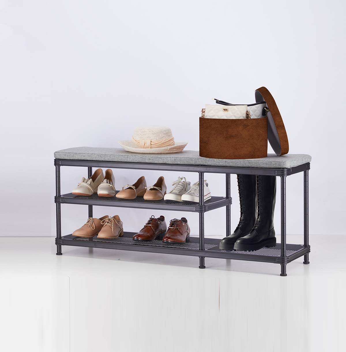 3-Tier Shoes Rack, Storage Entry Bench with Mesh Shelves