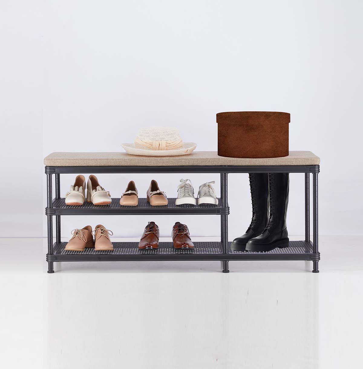 3-Tier Shoes Rack, Storage Entry Bench with Mesh Shelves