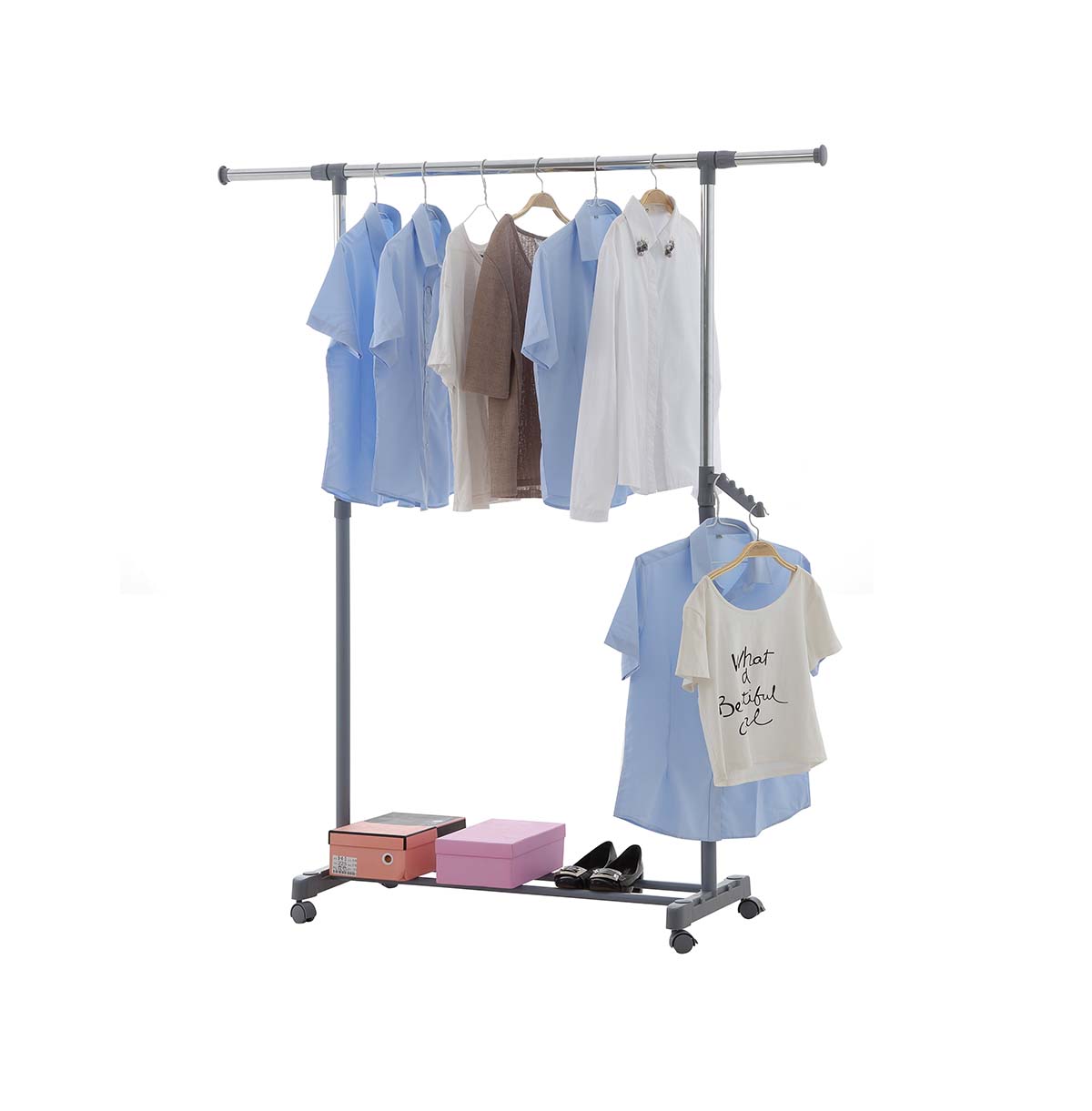 Single Rod Rolling Clothes Rack with Wheels  Metal Clothing Rack  Clothes Garment Coat Rack with Bot