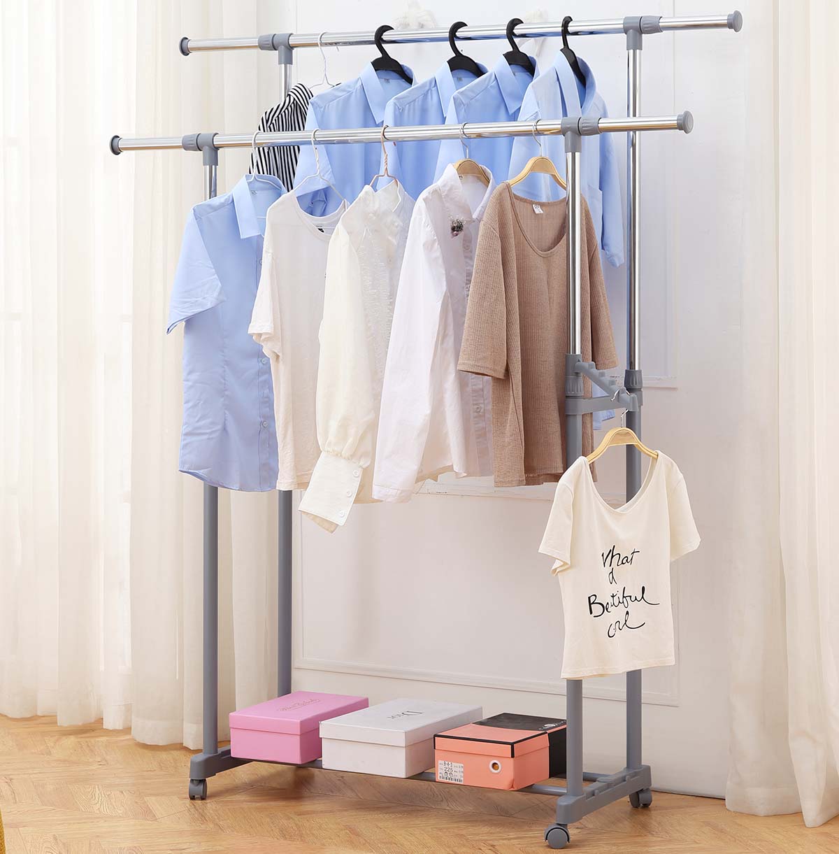 Simple Houseware Double Rod Portable Clothing Hanging Garment Rack